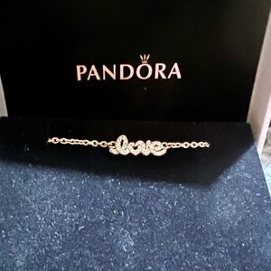 Pandora 925 Sterling Silver CZ “Love”Bracelet. Chain Link Bracelet. Box.